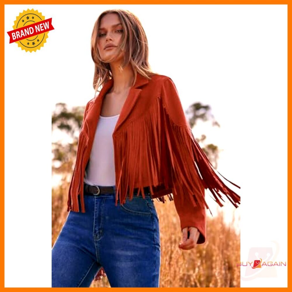 Faux Suede Cropped Motorcycle Jacket with Fringe Tassel Design - Picture 3 of 7